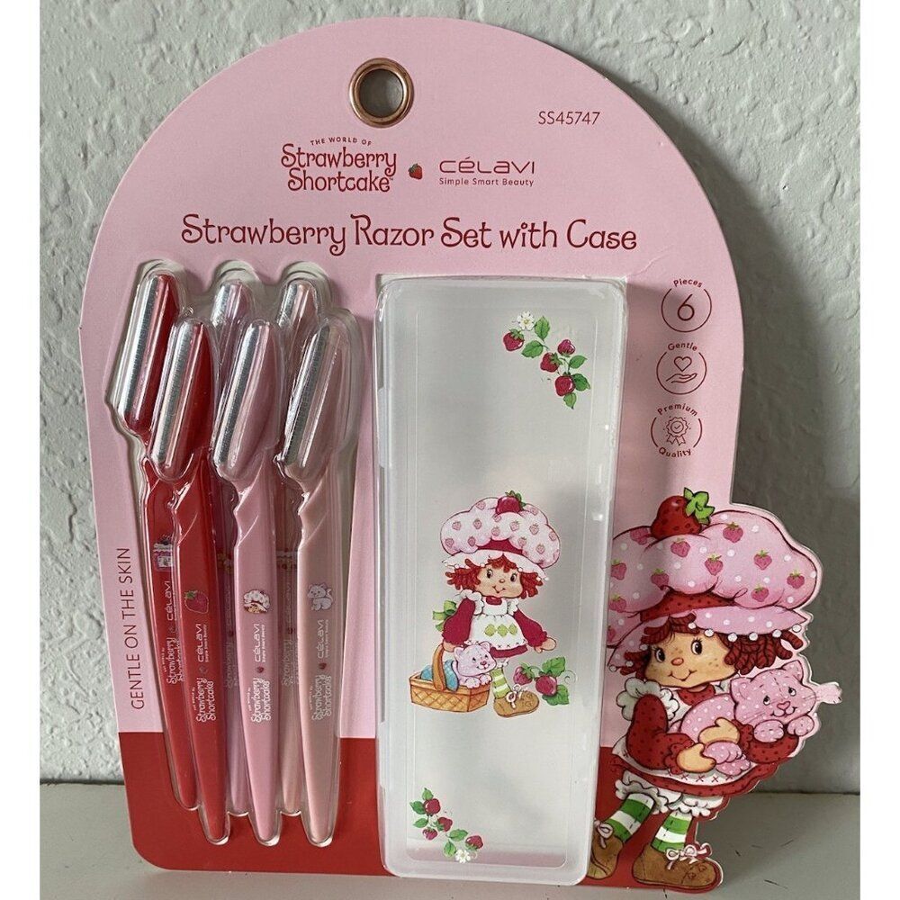 6 Piece CELAVI x Strawberry Shortcake & Custard RAZOR SET With Case Pink Red NEW